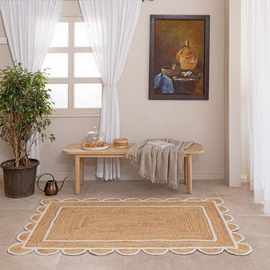 Handmade Scalloped Rectangle Jute Rug with White Border Line – Natural Eco-Friendly Area Carpet