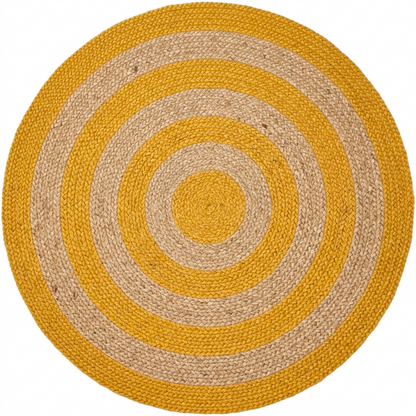 Natural Jute Area Rug Round Rug mustard, tan and gray braided concentric stripe jute fibre