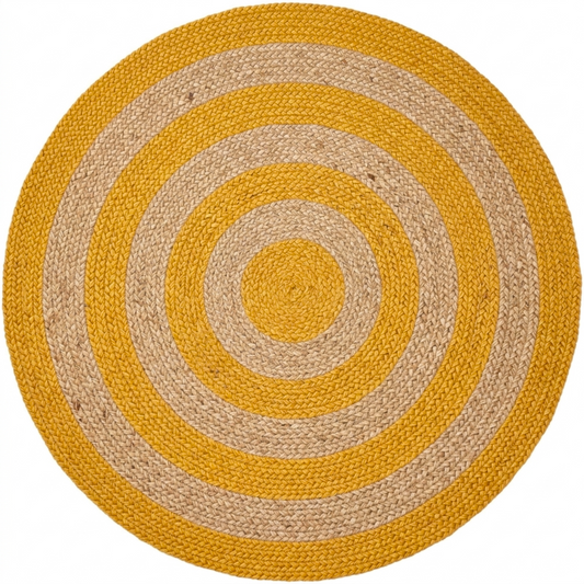 Natural Jute Area Rug Round Rug mustard, tan and gray braided concentric stripe jute fibre