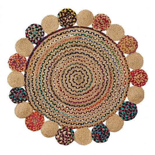 Round woven rug with multicolored circular patterns on a white background