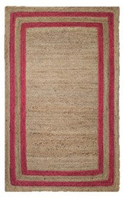 Handwoven jute rug with pink and beige borders, eco-friendly, durable, and stylish for home decor.