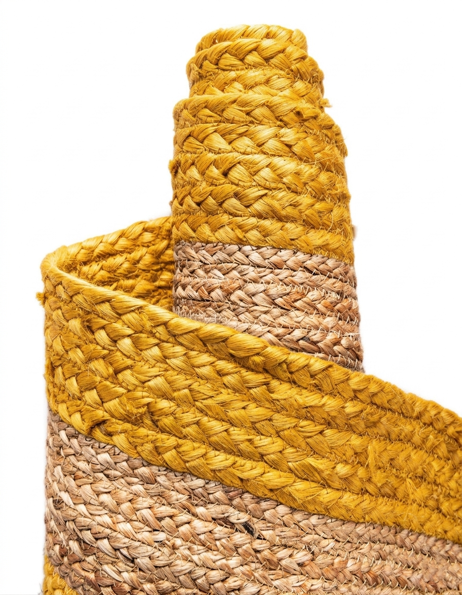 Natural Jute Area Rug in golden and natural braided stripes, reversible construction, indoor hallway and entryway floor carpet