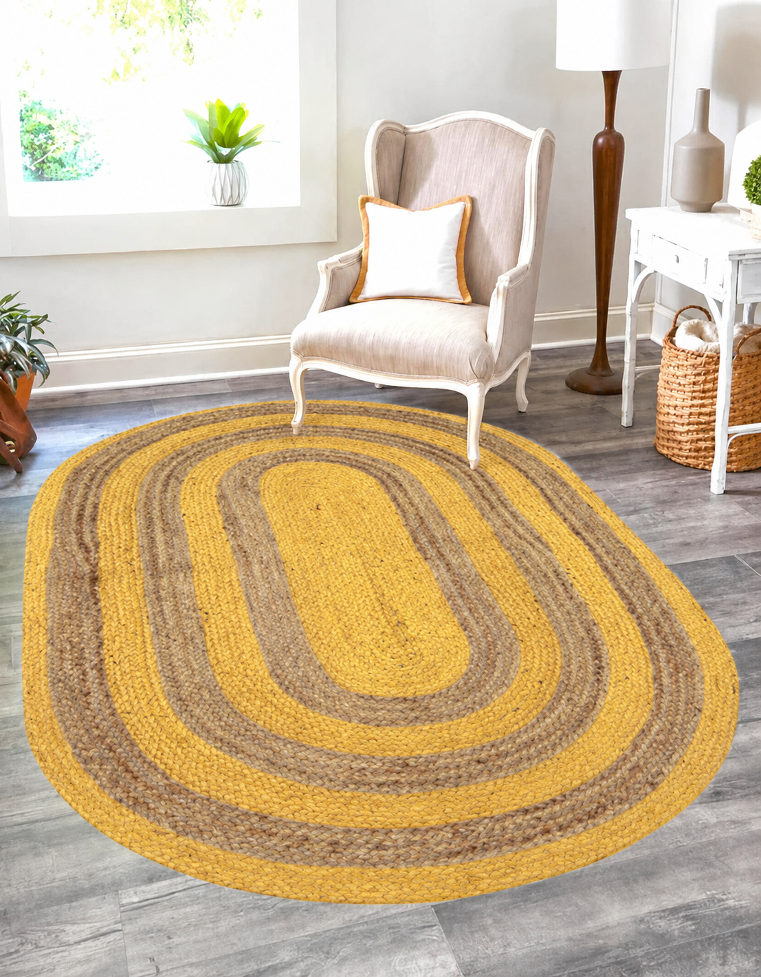 Natural Jute Area Rug in yellow and beige with oval braided pattern, indoor hallway and entryway floor carpet