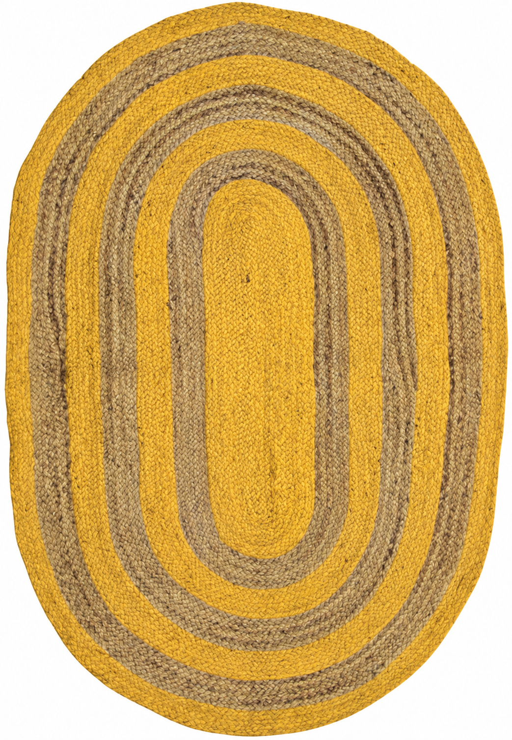 Natural Jute Area Rug round braided jute in mustard yellow and natural beige with reversible construction for indoor hallway entryway