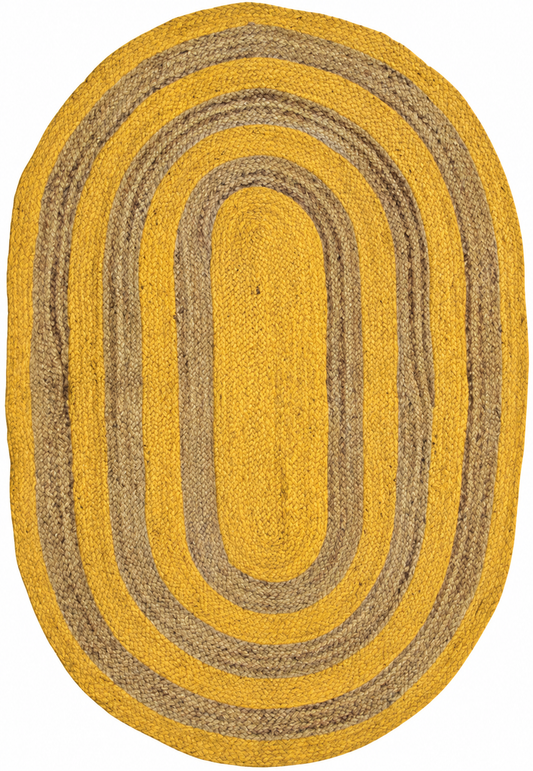 Natural Jute Area Rug round braided jute in mustard yellow and natural beige with reversible construction for indoor hallway entryway