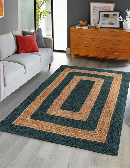 Green and beige Natural Jute Area Rug Floor Carpet with geometric border in living room