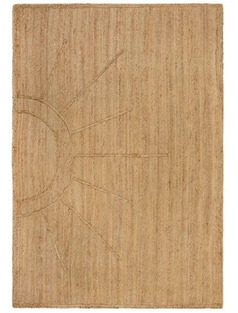 Natural jute area rug with sunburst design, beige color, eco-friendly material, perfect for home decor.