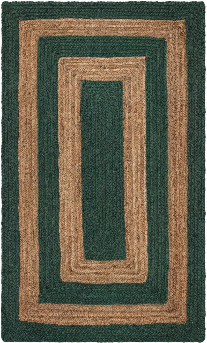 Natural Jute Area Rug in green and tan jute with geometric medallion pattern, Floor Carpet Rug