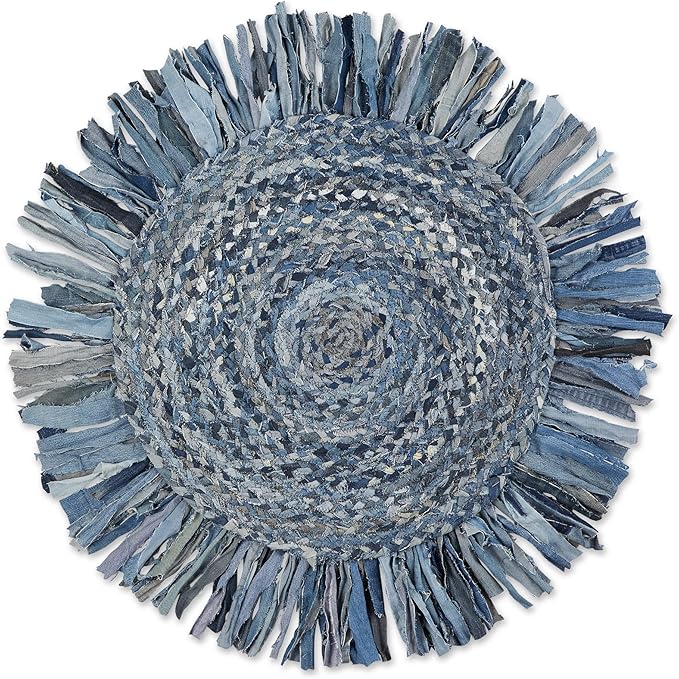 Round blue denim rug with frayed edges on a white background