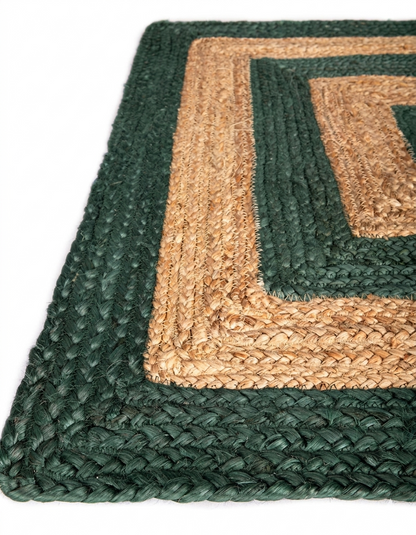 Hand-braided oval area rug in natural jute and dark green with textured weave, Natural Jute Area Rug for indoor hallway and entryway