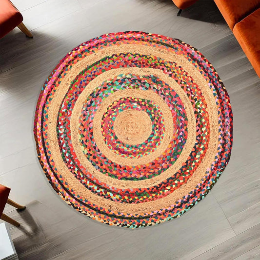 Natural Jute Area Rug in a vibrant circular design with colorful woven patterns — perfect for adding warmth to any space.