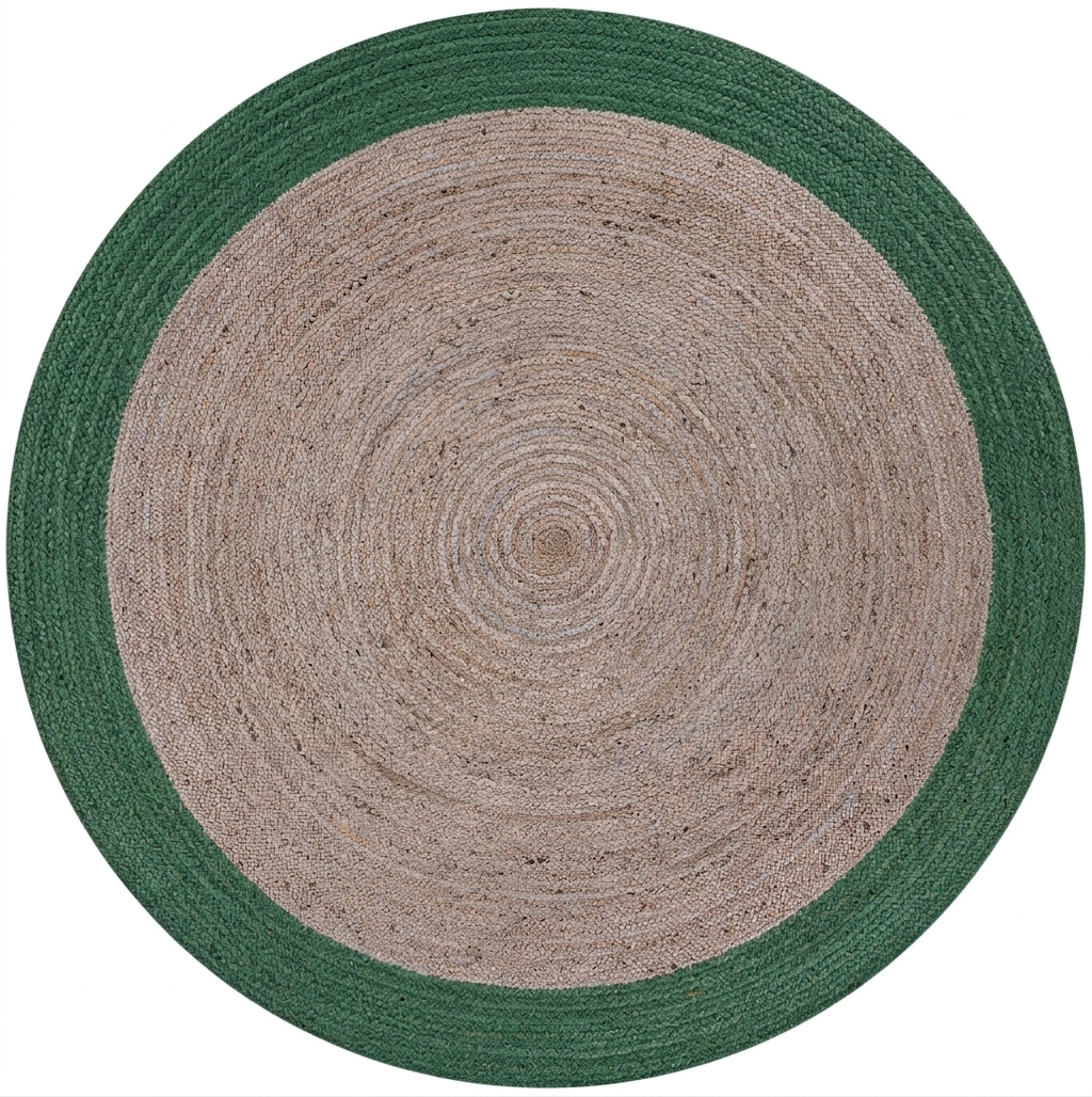 Round rug with green border and beige center on a white background