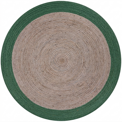 Round rug with green border and beige center on a white background