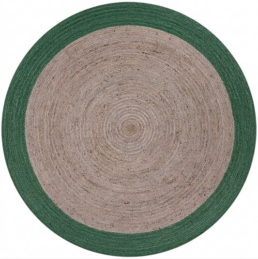 Round rug with green border and beige center on a white background