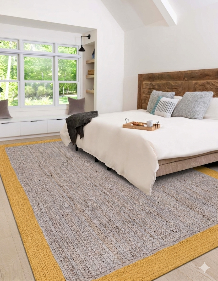 Bedroom with a large bed, wooden headboard, and a textured gray rug with yellow border.