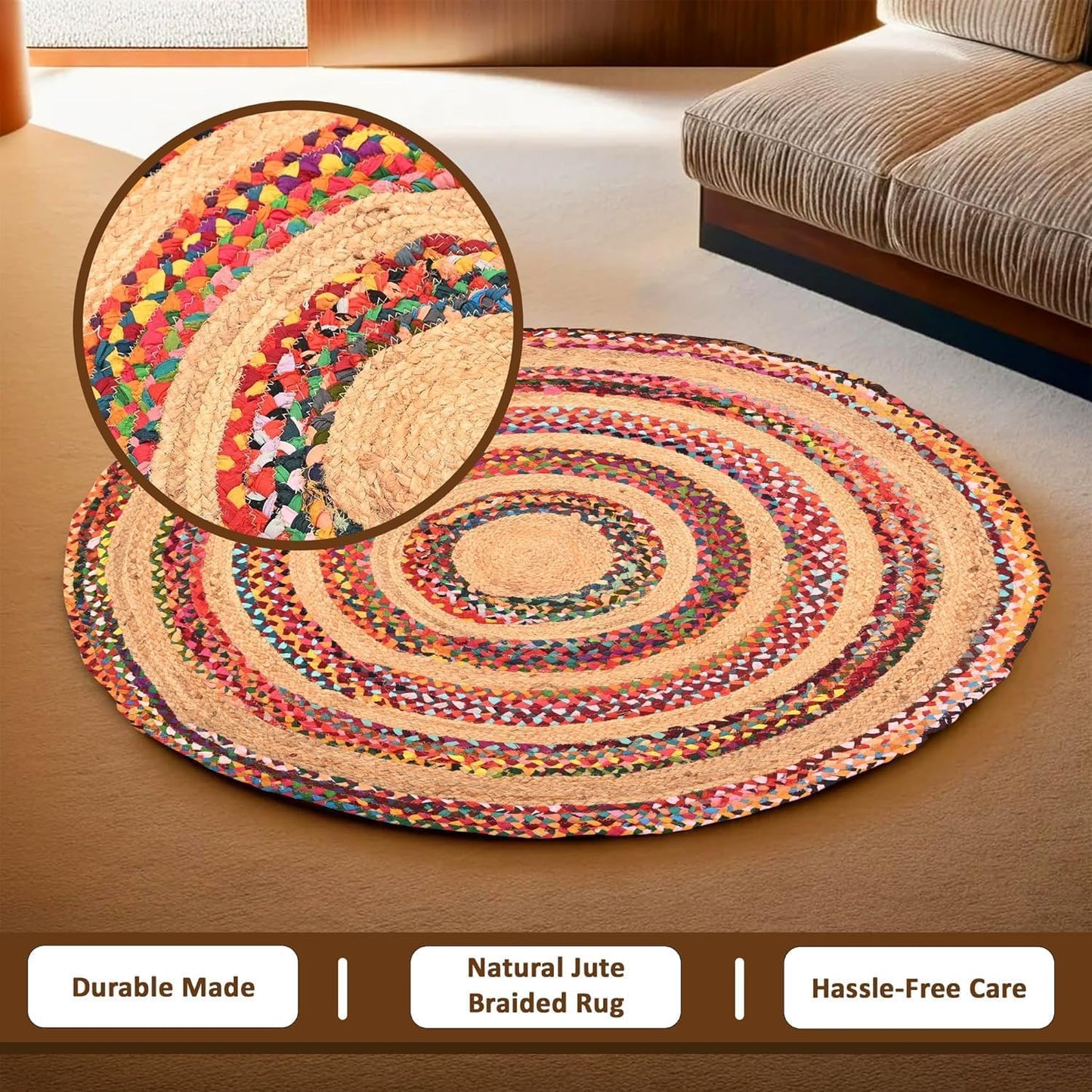 Natural Jute Area Rug featuring a vibrant braided pattern — perfect for adding warmth to any living space.