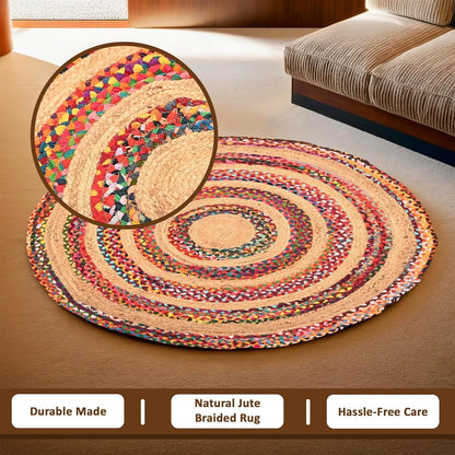 Natural Jute Area Rug featuring a vibrant braided pattern — perfect for adding warmth to any living space.