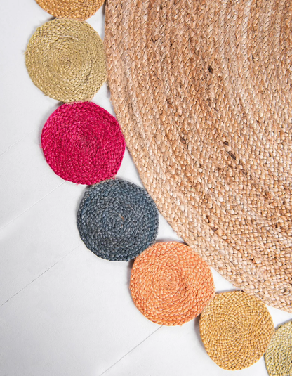 Handmade Round Jute Rug with Colorful Pom Pom Border – Eco-Friendly Natural Boho Area Rug