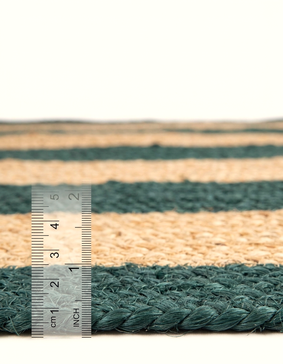 Outdoor Jute rug floor carpet in teal braided jute weave with measuring tape for size