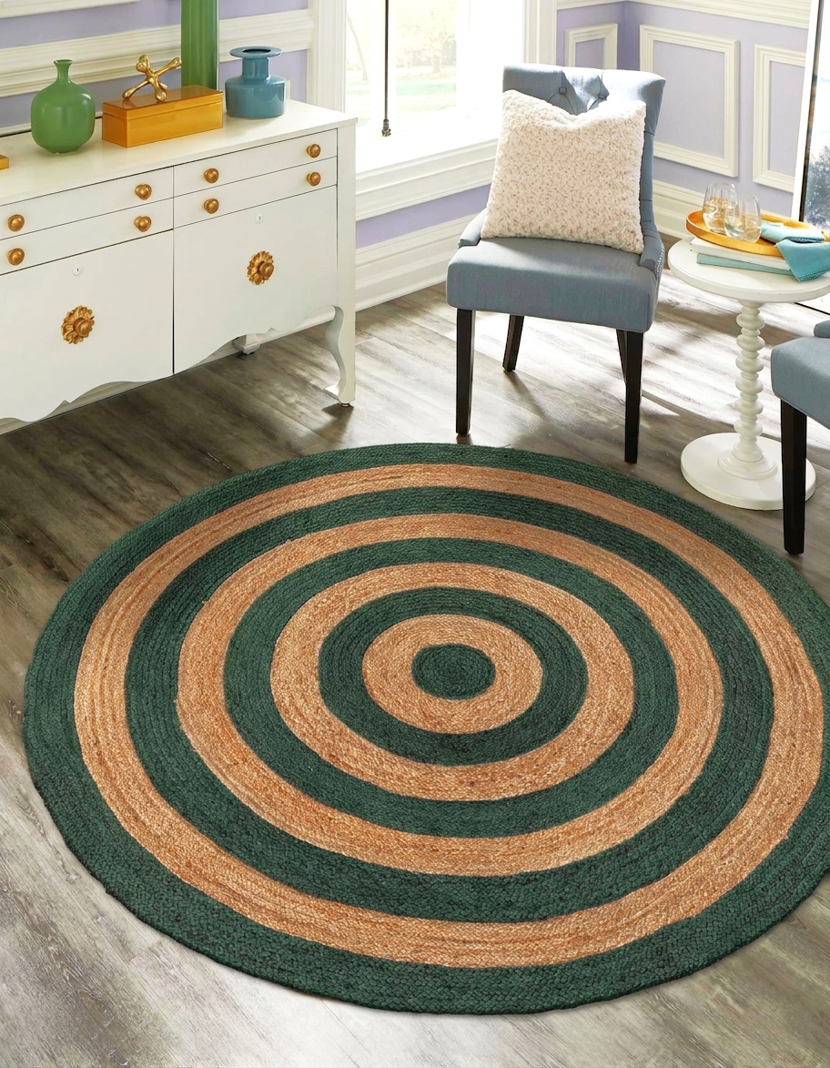 Natural Jute Area Rug Round Rug in green and tan concentric circles on wood floor in living room