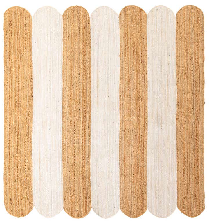 Natural Jute Area Rug with tan and white vertical stripes, textured jute floor carpet