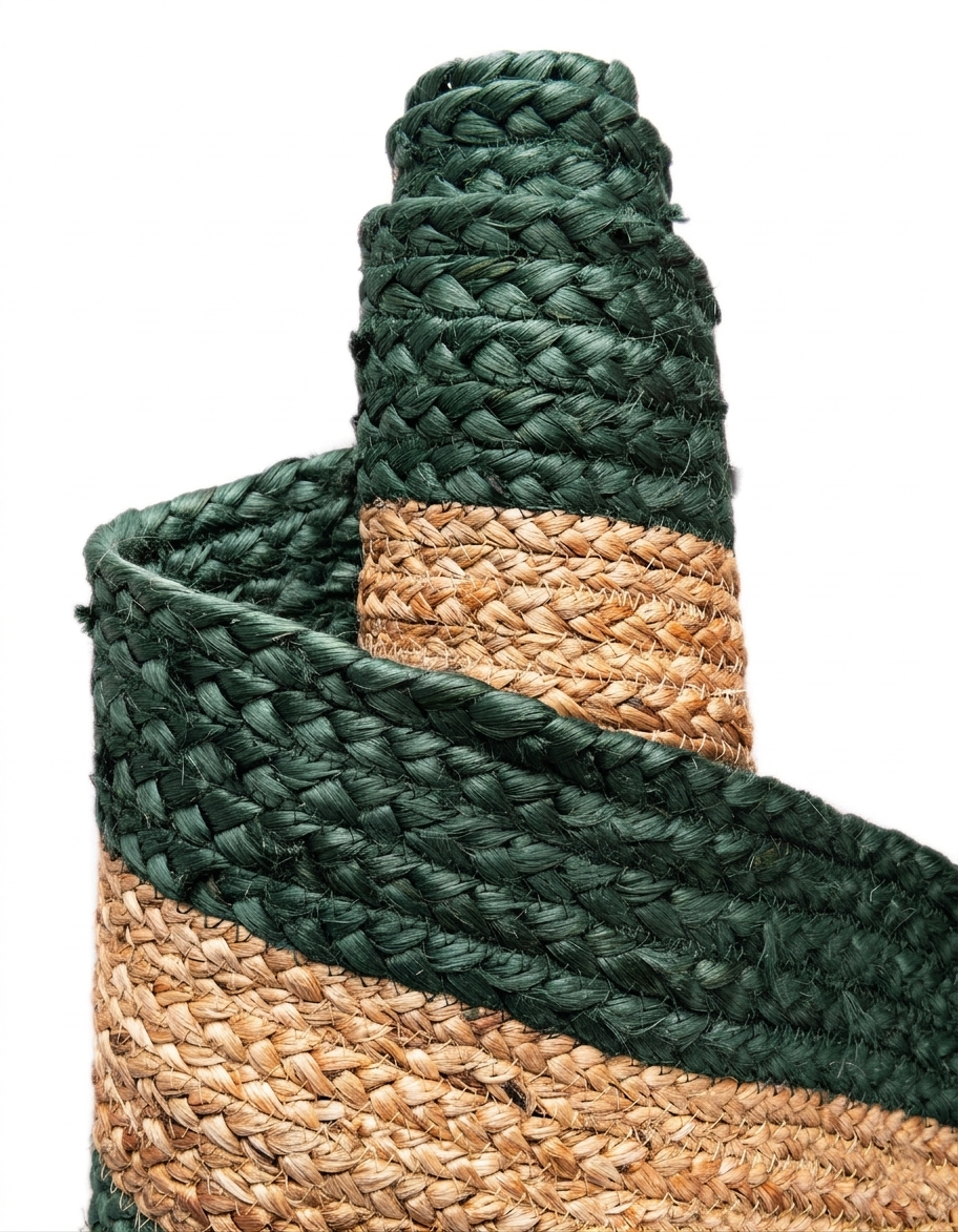 Green and natural handmade Jute Runner Floor Carpet with woven jute stripes
