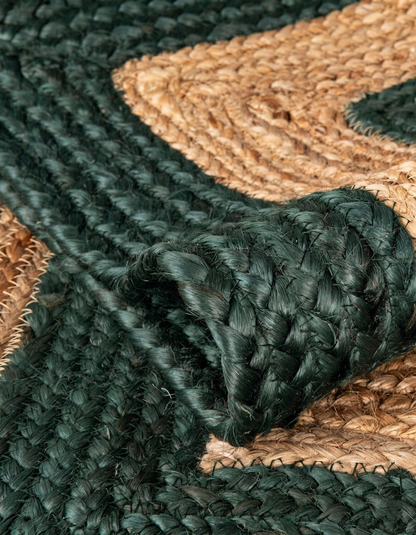 Natural Jute Area Rug floor carpet with braided green and natural jute fibers close weave