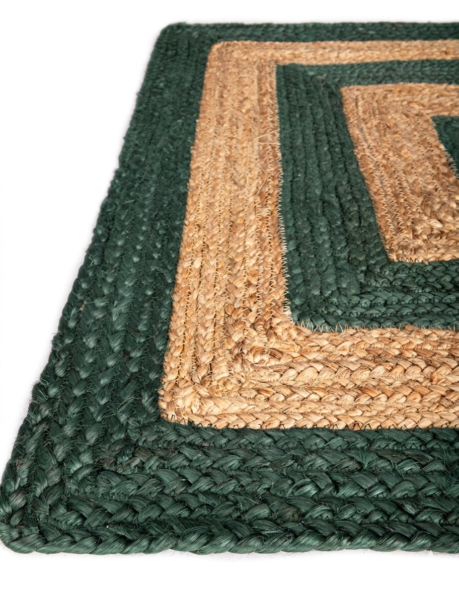 Natural Jute Area Rug with green and tan braided jute pattern, flat-woven floor carpet texture