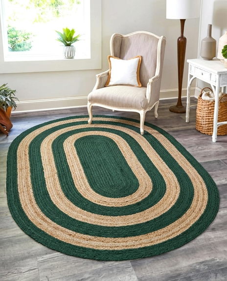 Natural Jute Area Rug round green and beige hand-braided oval pattern for indoor hallway and entryway