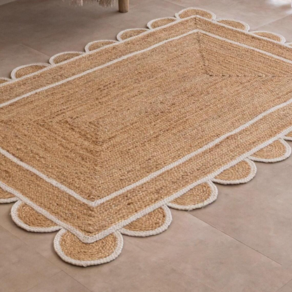 Handmade Scalloped Rectangle Jute Rug with White Border Line – Natural Eco-Friendly Area Carpet