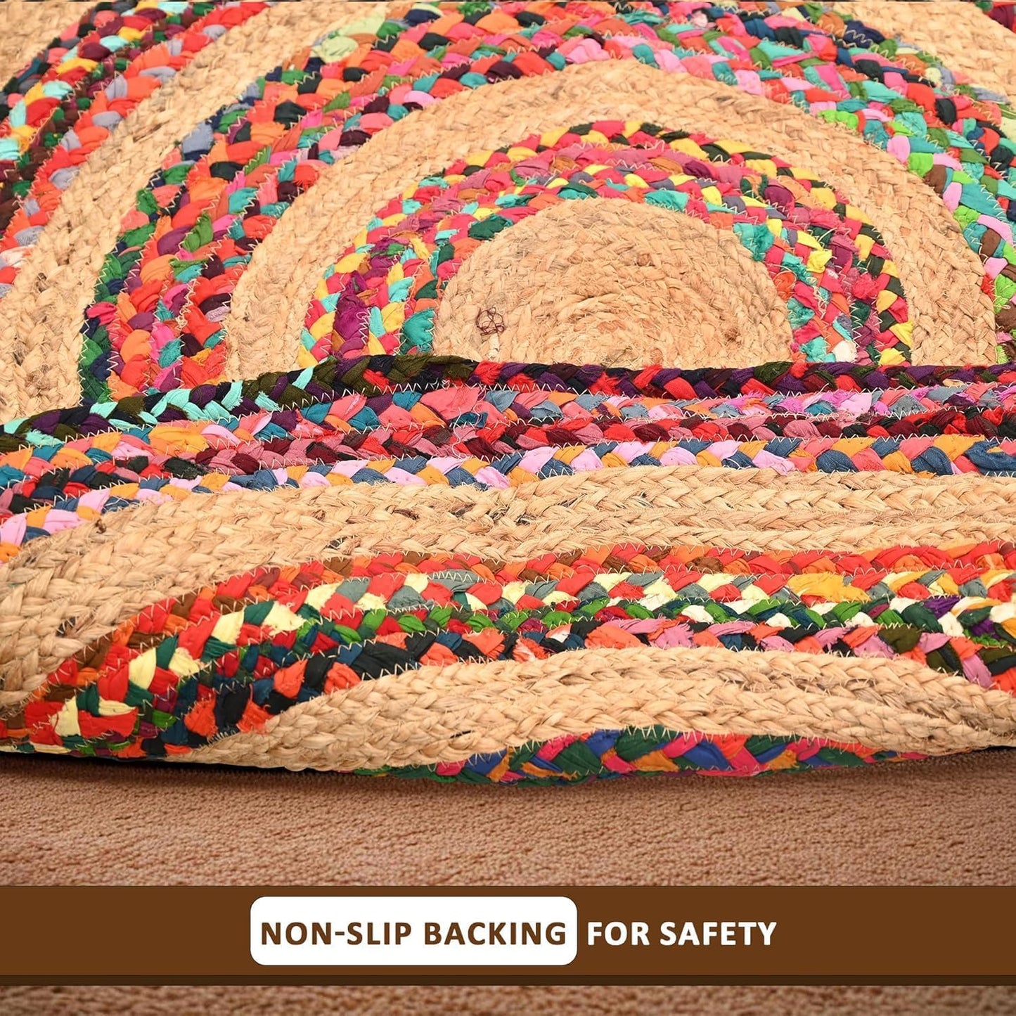 Colorful handmade Natural Jute Area Rug with a vibrant braided design and non-slip backing for safety