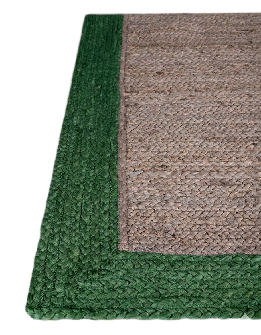 Close-up of a green and brown braided rug corner.