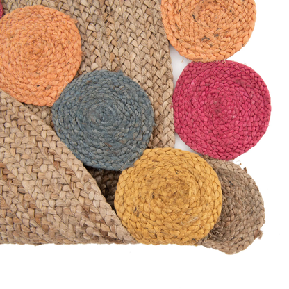 Handmade Round Jute Rug with Colorful Pom Pom Border – Eco-Friendly Natural Boho Area Rug