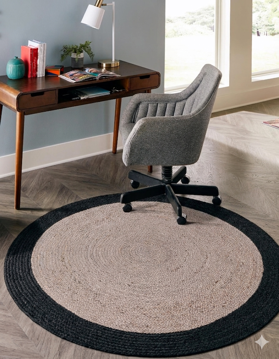Home office with a desk, chair, and round rug on a wooden floor.