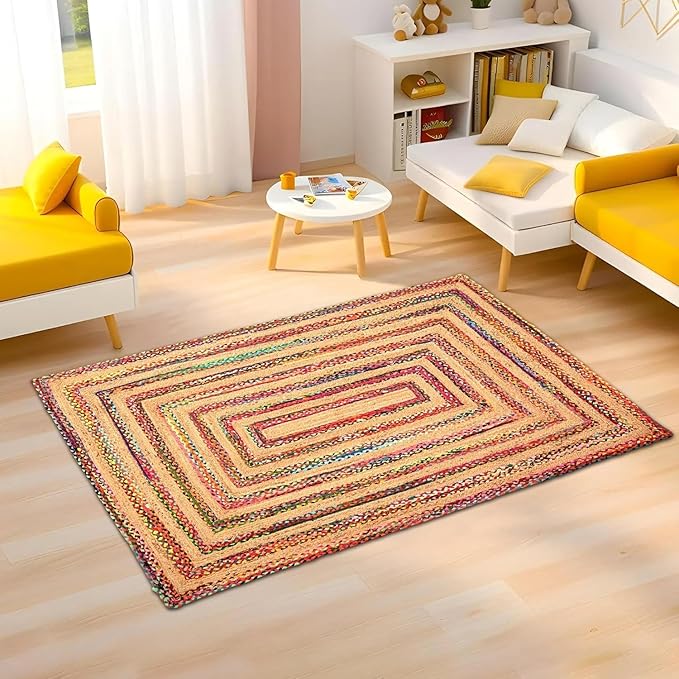 Multicolored braided rug on a wooden floor in a living room setting.