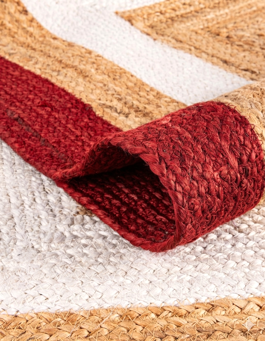 Natural Jute Area Rug runner rug in red woven jute with braided fold on light rug surface