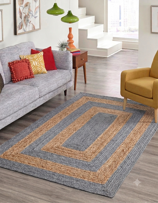 Natural Jute Area Rug floor carpet rug in gray and natural jute with geometric diamond border in living room