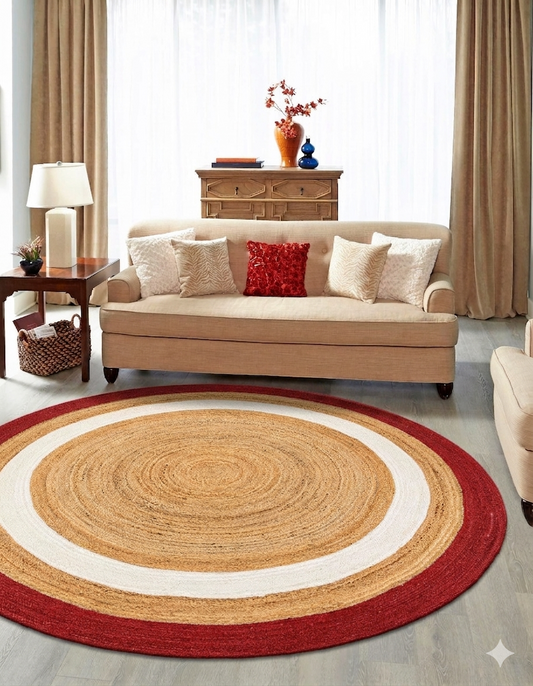 Natural Jute Area Rug Round Rug in tan, red, and white concentric stripes on living room floor