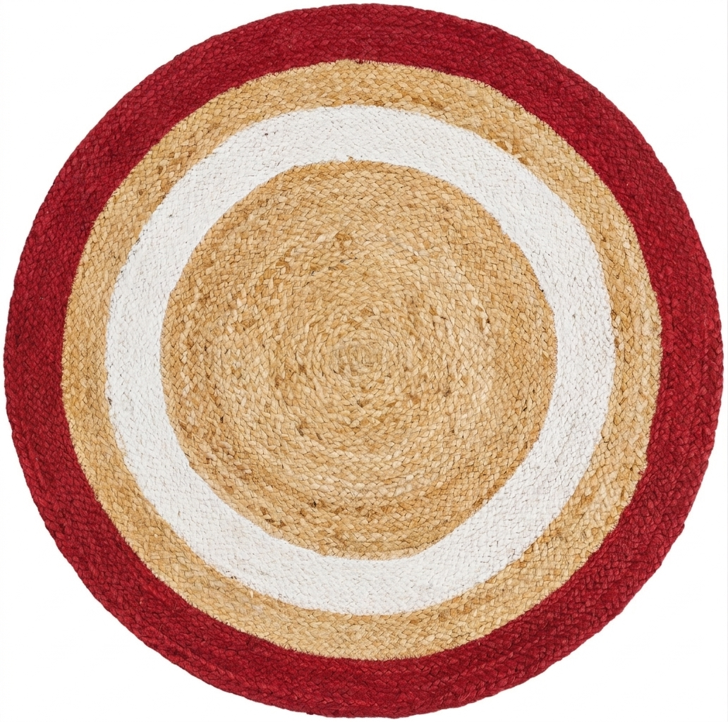 Red and cream Natural Jute Area Rug with white rings, Round Rug braided jute floor carpet