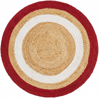 Red and cream Natural Jute Area Rug with white rings, Round Rug braided jute floor carpet