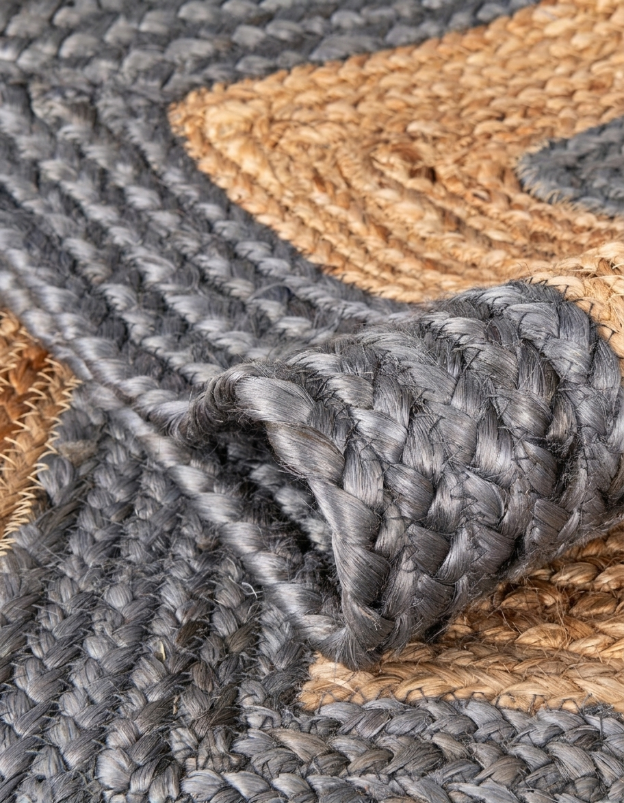 Natural Jute Area Rug Floor Carpet with woven grey and tan fibers in close-up detail