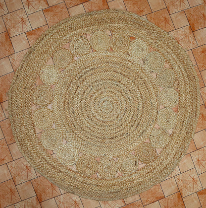 Round braided rug on a tiled floor