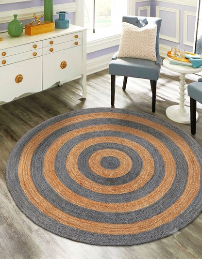 Natural Jute Area Rug Round Rug gray and tan striped Floor Carpet on hardwood floor