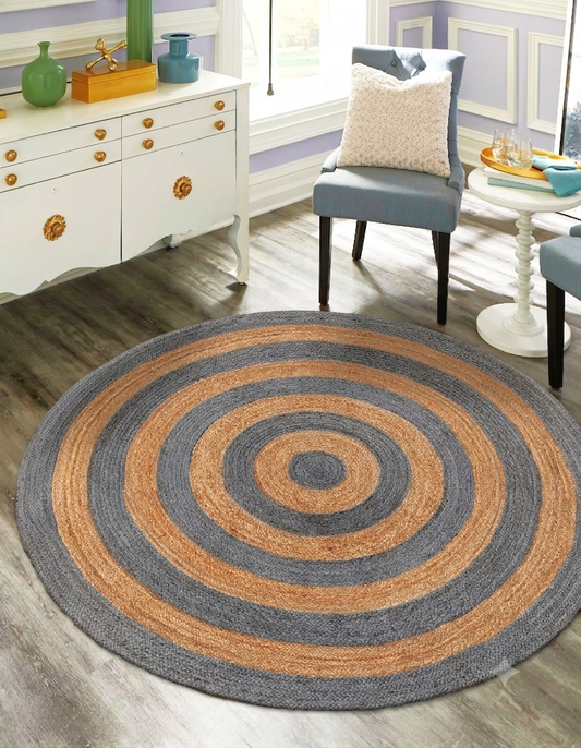 Natural Jute Area Rug Round Rug gray and tan striped Floor Carpet on hardwood floor