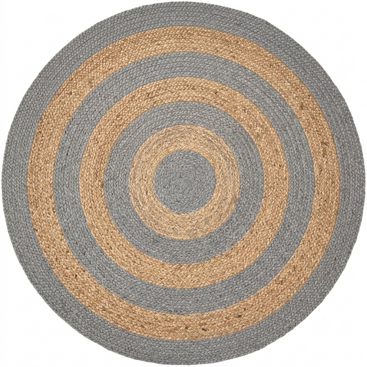 Natural Jute Area Rug round rug with grey and tan concentric circles, braided jute texture