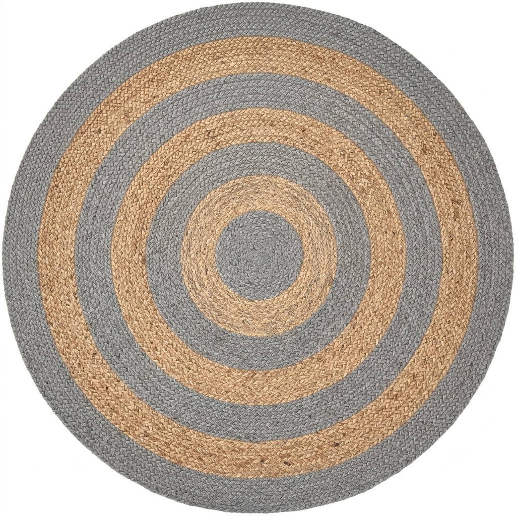 Natural Jute Area Rug round rug with grey and tan concentric circles, braided jute texture