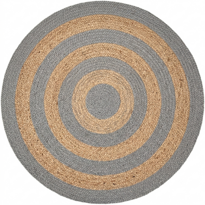 Natural Jute Area Rug round rug with grey and tan concentric circles, braided jute texture