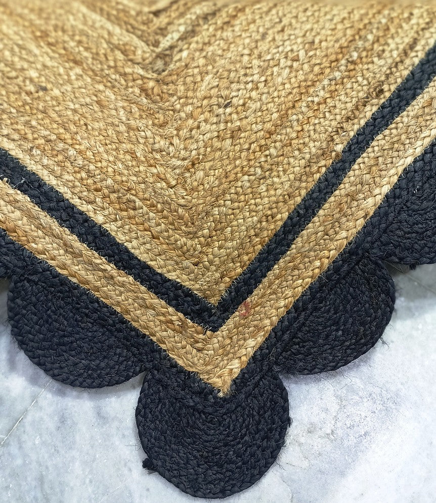 Textured rug with a geometric pattern on a light background