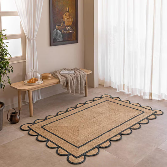 Handmade Scalloped Rectangle Jute Rug with Black Border | Eco-Friendly Natural Area Carpet