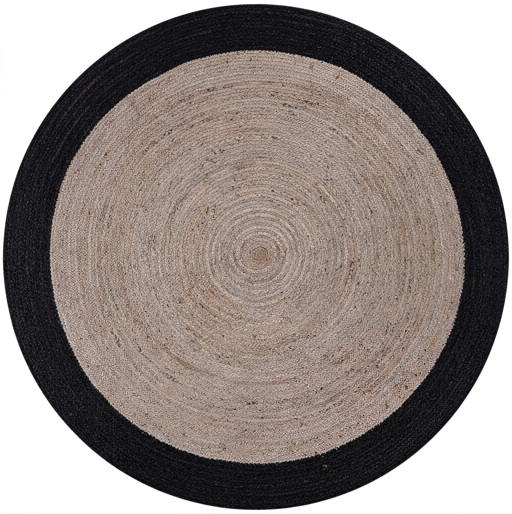 Round rug with black border and beige center on a white background